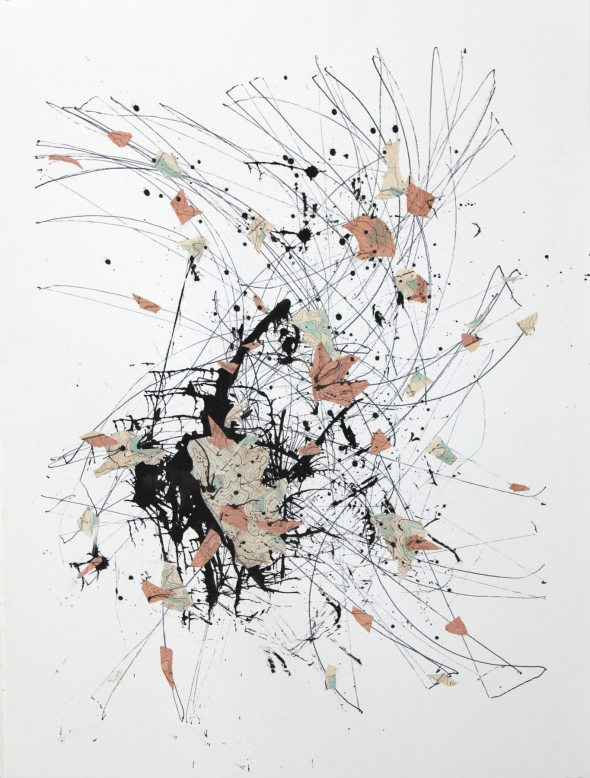 Afterglow #1, ink, blown ink and collaged antique USGS maps on paper, 22"x30″, 2014